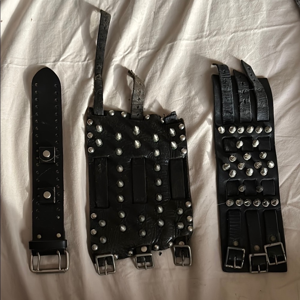 Black Leather Motorcycle Wristbands with Steel Studs and Buckles